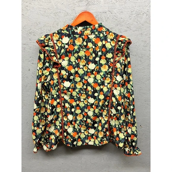 Hailey & Co Blouse Women's Large Black Orange Green Floral Ruffle V Neck Boho - Picture 10 of 11